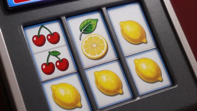 Klassischer Frucht-Automat auf dunkler polierter Oberfl&auml;che - Top Pick bei Casea Casino