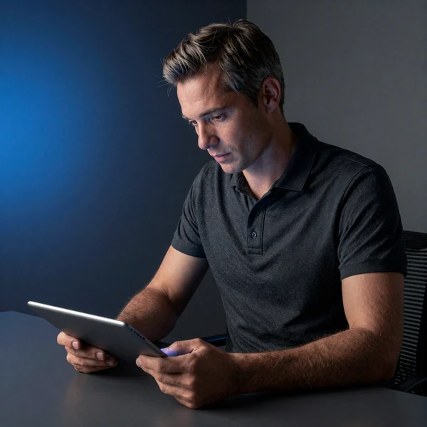 Mann mit Tablet und blauer Krypto-Wallet-Anzeige auf Graphit-Schreibtisch - Casea Casino Krypto-Zahlungen