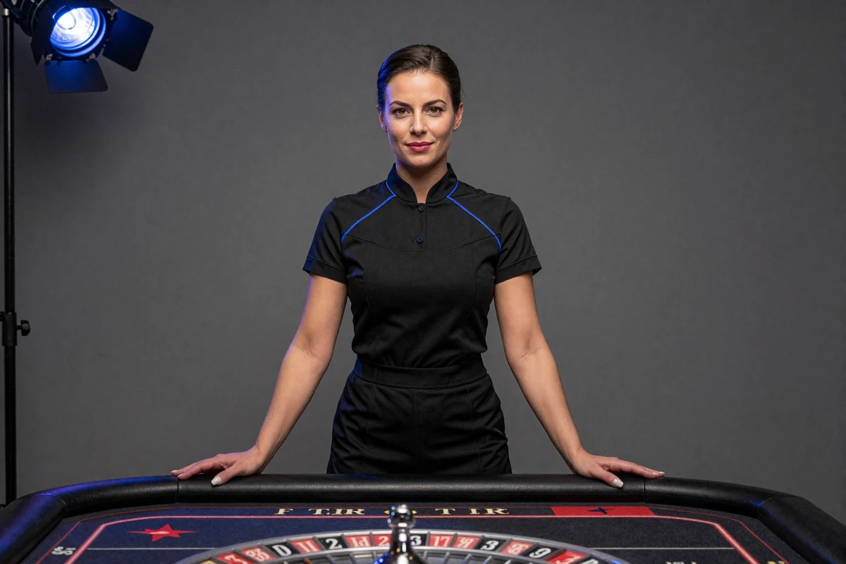 Professionelle Live-Casino-Dealerin in schwarzem Outfit neben Roulettetisch im Graphit-Studio - Casea Casino Live Casino