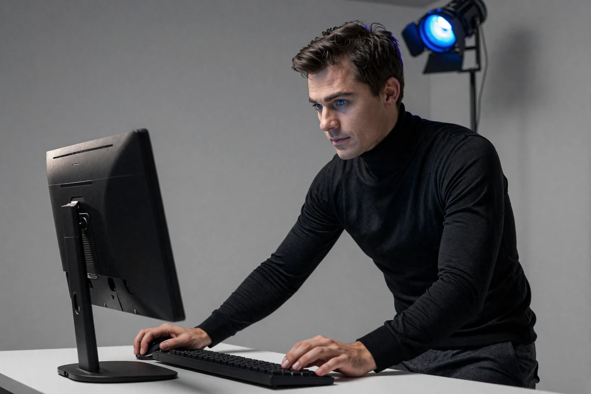 Premium-Model in schwarzem Rollkragen vor graphitfarbenem Gaming-Setup mit blauem Spotlight - Casea Casino Online Slots