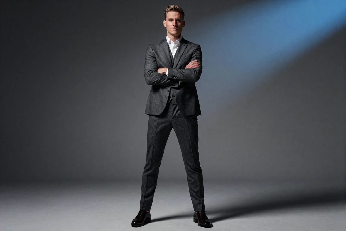 Premium-Model in ma&szlig;geschneidertem Anzug vor graphitfarbenem Studio-Hintergrund mit blauem Spotlight - Casea Casino Online Casino Deutschland