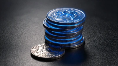 Blau leuchtende M&uuml;nzstapel auf Graphit - Freispiele bei Casea Casino