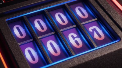 Neonbeleuchtete Slot-Reels auf dunkler Oberfl&auml;che - Online Slots bei Casea Casino